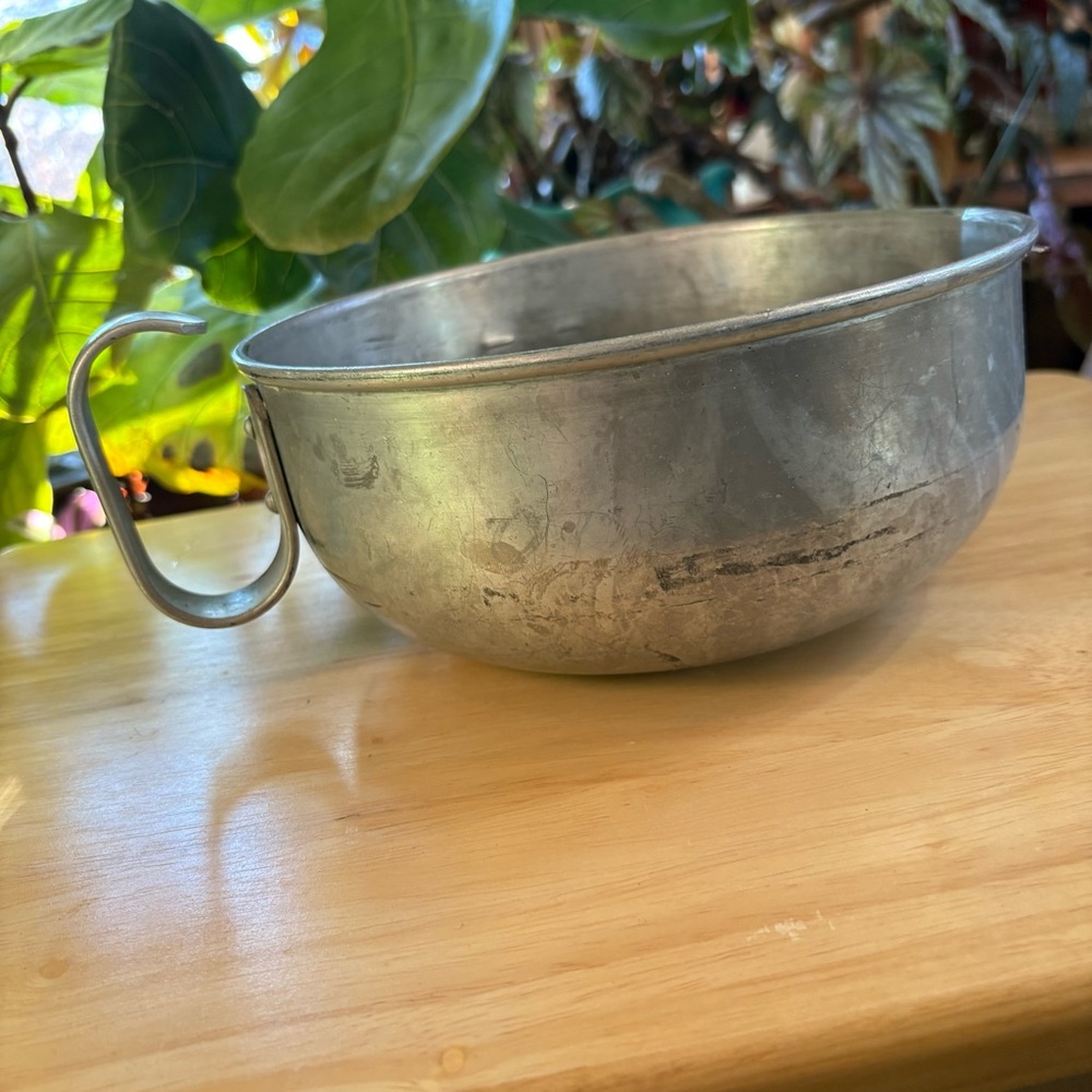 Antique Aluminum Silver Mixing Bread Bowl with Handle